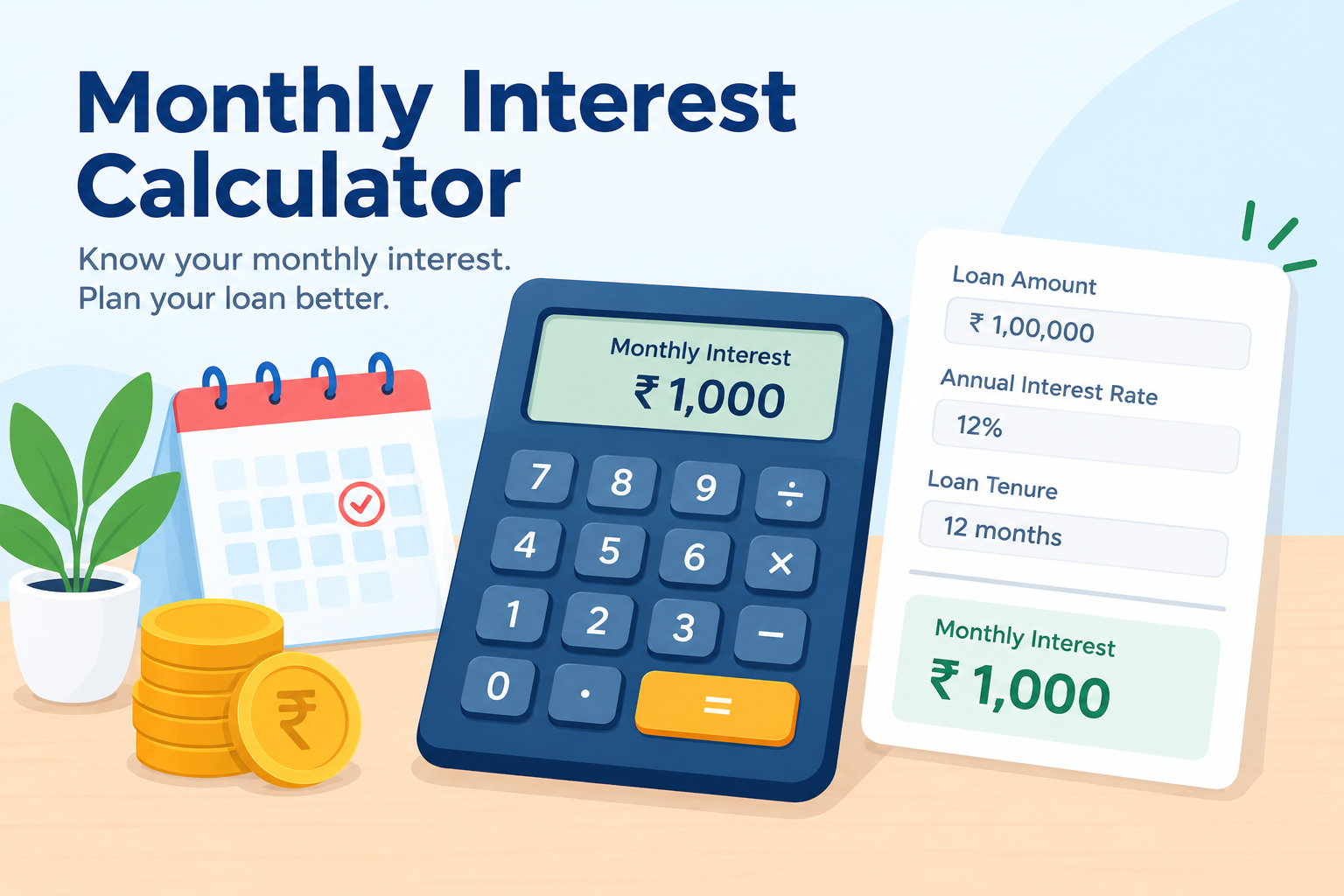 Monthly interest calculator with a financial calculator, rupee coins, calendar, and loan summary showing a ₹1,00,000 loan at 12% annual interest to help borrowers estimate monthly interest and plan loan repayments
